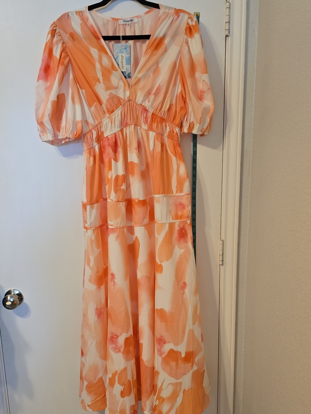 Sezane Orange & White Watercolor Maxi Dress with Puff Sleeves